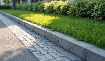 Fototapeta premium Concrete curb meets vibrant green grass along paved road edge. Urban environment features landscaping boundary, city planning geometry, contrast between structured concrete and natural elements. 