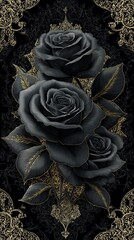 A vivid black rose against a deep black and gold figure, accented with elegant gold floral designs that add a touch of romance and sophistication. luxury feeling black roses with golden touch