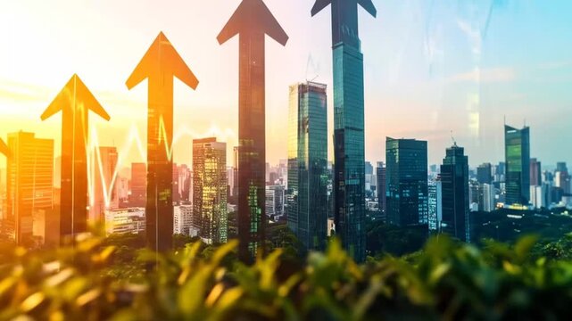Financial Growth: Cityscape with Rising Arrows and Stock Market Graph