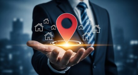 A businessman's hand holds a floating red location pin surrounded by house icons against a blurred city skyline, symbolizing the real estate market.