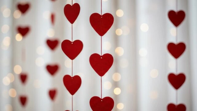 Red hearts hanging on strings against a soft, out-of-focus backdrop of white and glowing lights