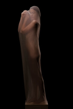 A young woman stands draped in a sheer, translucent fabric on a pedestal. Her eyes are closed, and her hands are held near her face. The dark background emphasizes her form and the delicate material.
