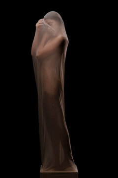A woman is enveloped in a sheer, flowing fabric, standing on a pedestal against a dark background. Her form is subtly revealed through the translucent material, creating an artistic portrait.