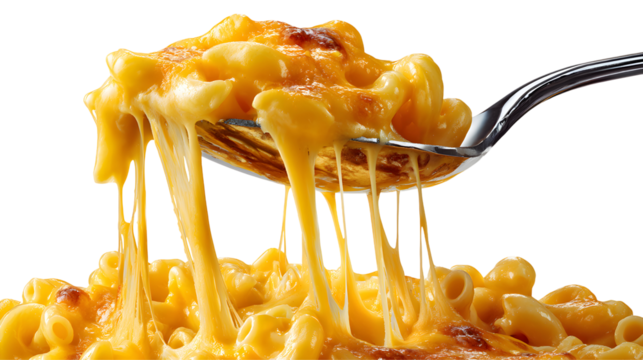 An irresistible spoonful of baked mac and cheese with a gooey cheese pull. This decadent, isolated close-up is perfect for menus and social media posts.