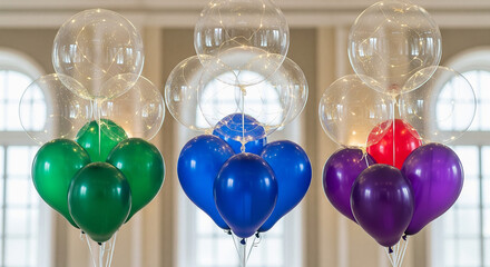 Festive decorations of colorful helium balloon arrangements with large transparent bubbles for a party or special occasion