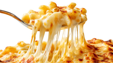 An irresistible spoonful of baked mac and cheese with a gooey cheese pull. This decadent, isolated close-up is perfect for menus and social media posts.