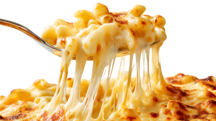 An irresistible spoonful of baked mac and cheese with a gooey cheese pull. This decadent, isolated close-up is perfect for menus and social media posts.