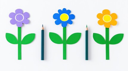Colorful Floral Arrangement with Pencils on White Background Showcasing Creativity and Art