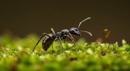 Detailed macro of a black ant exploring vibrant green mossy terrain in soft light