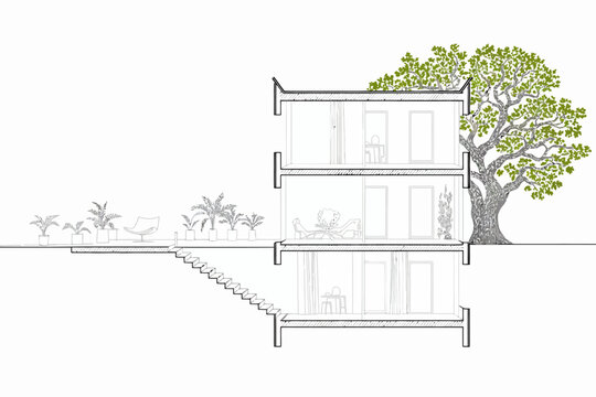 Architectural sketch of a modern three story house with a lush green tree and garden patio creating a sustainable living space concept