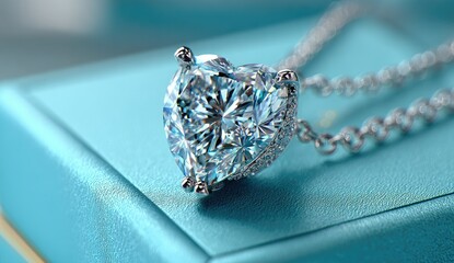 Close-up of a diamond pendant resting on a teal gift box