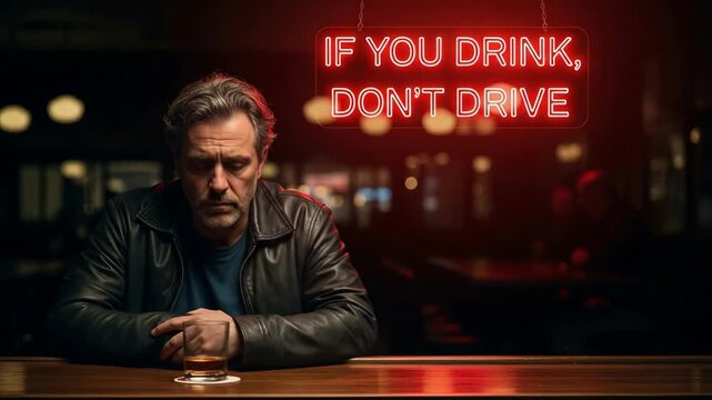 A sad and lonely middle-aged man sits at a bar with a drink under a red neon sign that reads if you drink don't drive

