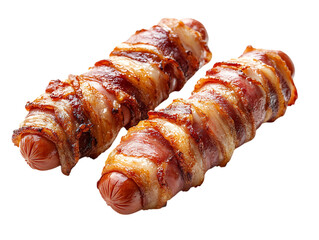 Two delicious bacon wrapped hot dogs cooked to perfection isolated on transparent background