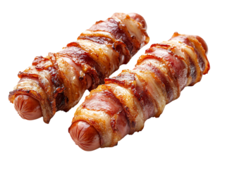 Two delicious bacon wrapped hot dogs cooked to perfection isolated on transparent background