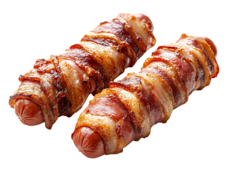 Two delicious bacon wrapped hot dogs cooked to perfection isolated on transparent background