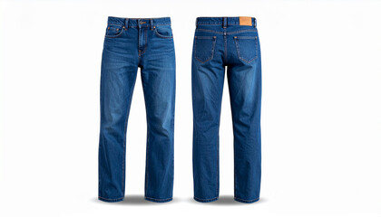 A blue denim jeans mockup with a ghost mannequin, showing front and back views. A template for apparel branding