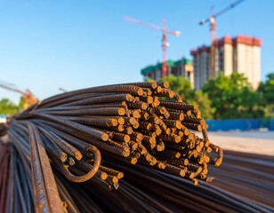 Fototapeta premium Rusty Rebar at Construction Site Under Blue Sky