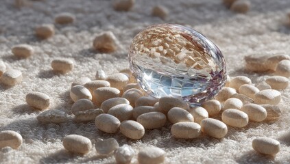 Translucent orb atop pills on textured cloth