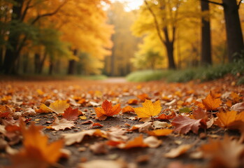 Golden autumn leaves on forest path natural seasonal background