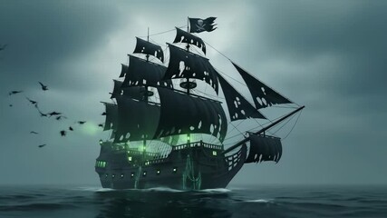 A spooky ghost pirate ship with black sails and a ghostly green glow sails on a dark and gloomy ocean in a haunted fantasy scene

