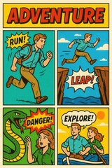Retro comic strip illustrating various stages of an outdoor adventure.