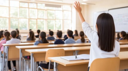 Fototapeta premium A student raises hand in the classroom, ready to answer a question, looking at her back.