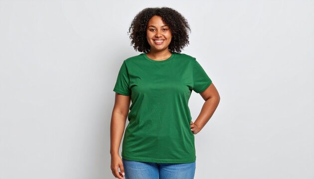 A confident plus-size model in a blank green t-shirt mockup. An inclusive apparel template with front and back views.