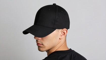 A male model wearing a blank black baseball cap mockup. Front, side, and back views for logo design