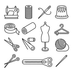 Obraz premium Collection of Essential Sewing and Tailoring Tools in Simple Black and White Line Art Style Depicting Craftsmanship and Handmade Projects