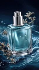 Blue perfume bottle drifts on water, surrounded by mist and waves, illuminated by soft golden light in a dramatic setting.