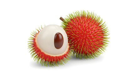 A detailed close-up photograph of a fresh rambutan fruit, one halved to reveal its seed and translucent flesh, set against a white background
