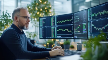 Focused businessman analyzing stock market data on multiple computer screens in an office setting.