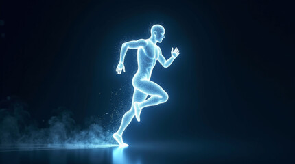Fototapeta premium Running human figure formed by glowing dots, abstract motion on dark futuristic background, for concepts related to AI, technology, human potential, and conceptual editorial use
