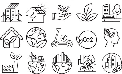 Green city web icon set in thin line style, renewable energy, eco building, zero waste, air and water quality, environmental icons