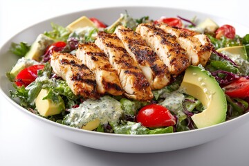 Grilled chicken salad with fresh vegetables and creamy dressing served in a white bowl
