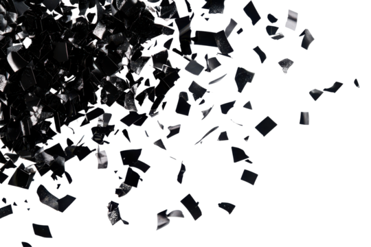 Abstract black confetti explosion isolated on transparent background. Flying black colorful confetti isolated on white background.