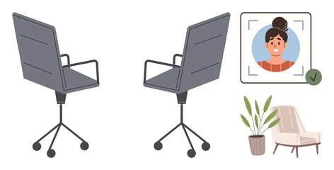 Two sleek office chairs, woman s profile verification with a checkmark, houseplant, and armchair. Ideal for workplace setup, recruitment, identity verification, modern interiors, telecommuting home