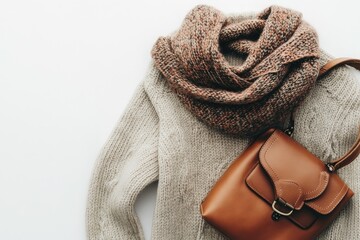 Beige sweater, rust scarf, and brown bag