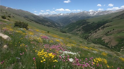 Alpine Meadow with Colorful Wildflowers, Snow-Covered Peaks in the Background, Clear Blue Summer Sky, Serene Mountain Landscape
