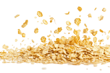 Golden corn flakes cereal falling and piling up isolated on transparent background. Flying cereal isolated on white background.