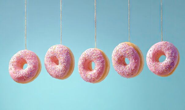 Five pink glazed donuts hanging from strings against a light-blue backdrop.  Each donut has a light-pink icing and sprinkles