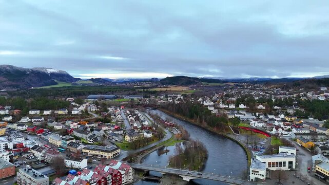 Steinkjer Norway aerial drone view with river bridges and houses