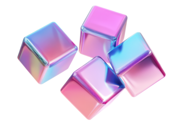 Iridescent cubes with metallic sheen isolated on transparent background. Flying gradient pink and blue cube holographic Iridescent isolated on white background, 3d rendering.