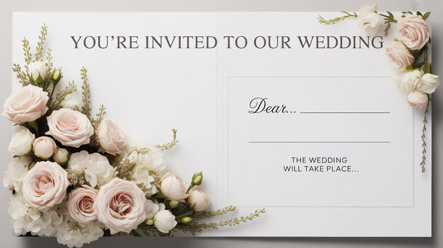 Elegant wedding invitation card with floral accents and blank space  