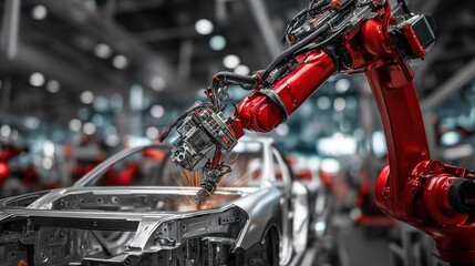 Fototapeta premium Red Robotic Arm in Automotive Manufacturing Process with Sparks