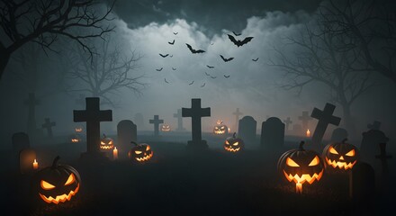 Foggy Graveyard with Glowing Tombstones and Pumpkins