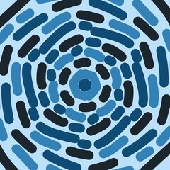 Abstract radial pattern with hand-drawn organic shapes in various shades of blue. A modern, artistic background with a hypnotic, circular design