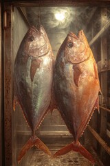 Two whole fish hang suspended, likely in a refrigerated display case.  The fish are a reddish-brown color with hints of green and appear fresh.  A warm light casts a glow on the scene