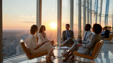 Collaboration in the Clouds: A team of business professionals engaged in a productive meeting within a modern, sunlit skyscraper, emphasizing communication. 
