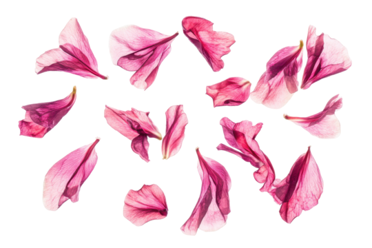 Scattered pink flower petals isolated on transparent background. Flying pink blossom flowers isolated on white background. - Powered by Adobe